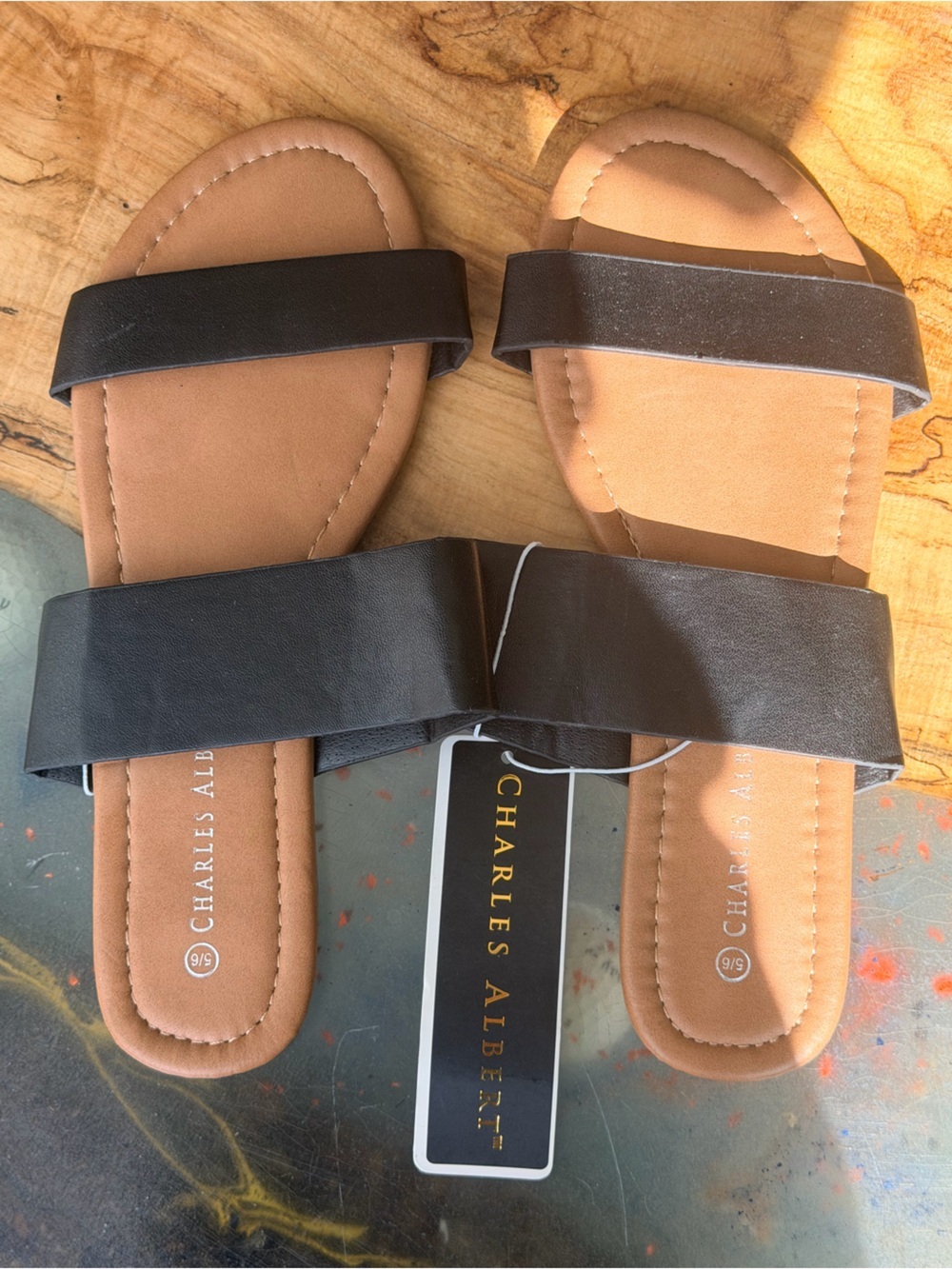 Charles Albert Double Strap Slide Sandals Black Brown NWT Size 5/6